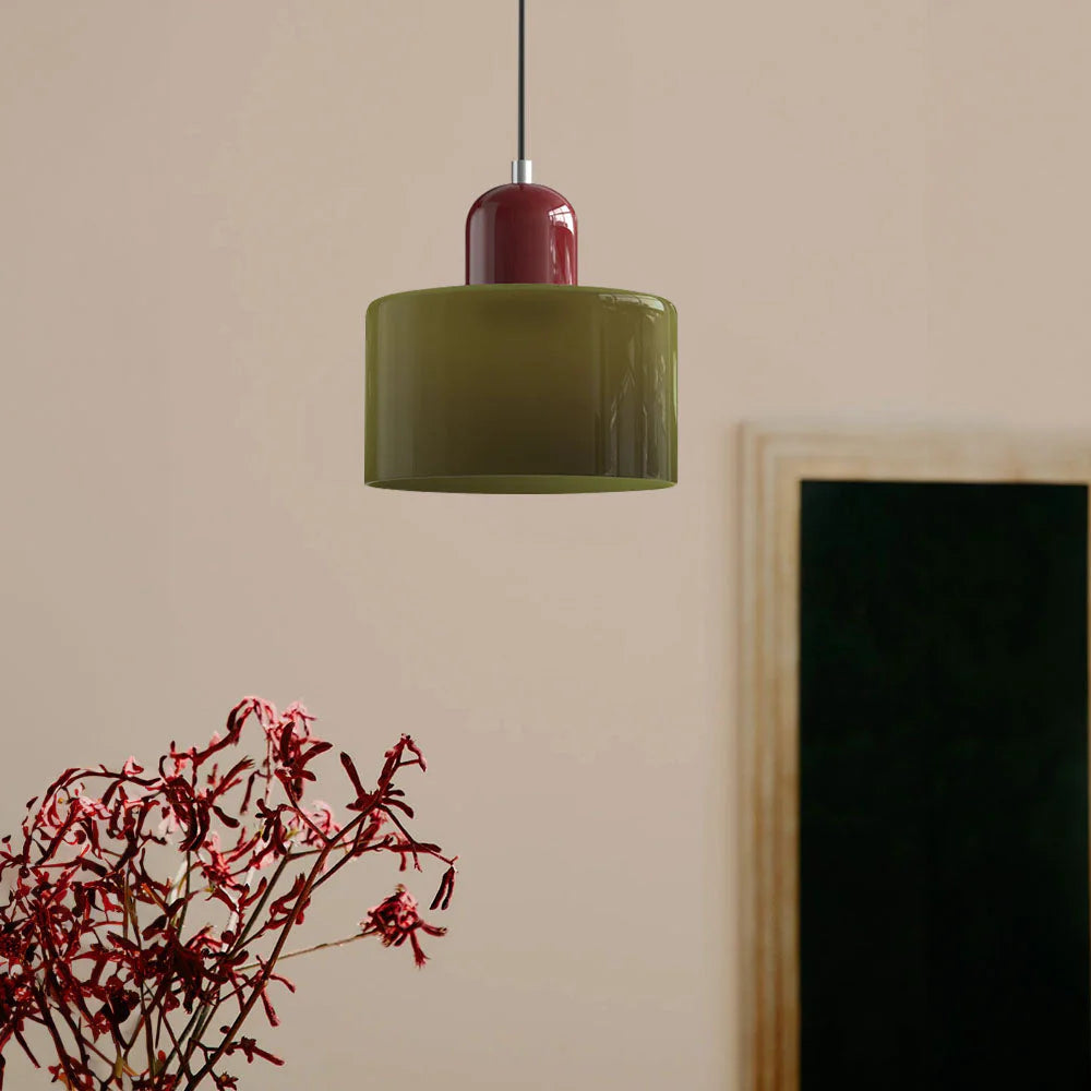 Poppy_Red_and_Olive_Green_TheMorandiCylinderPendantLight1.webp