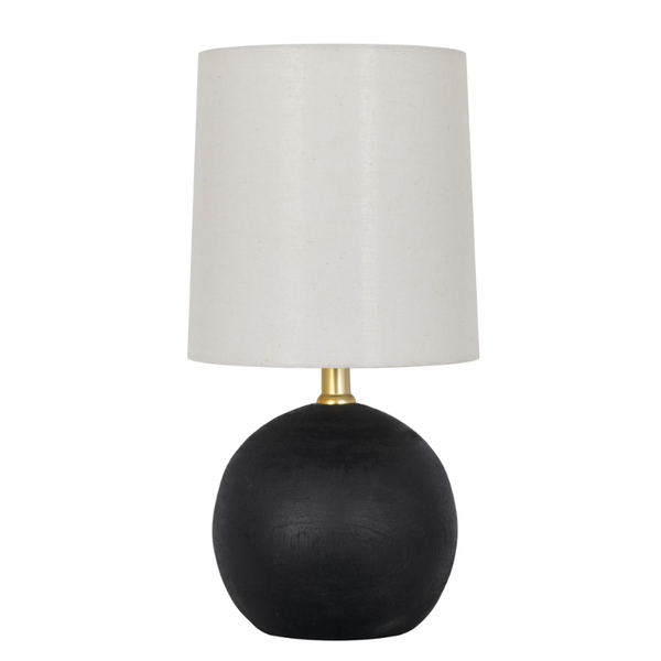 Elegant 12.5 Inch Mini Black Wood Ball Table Lamp with White Fabric Shade