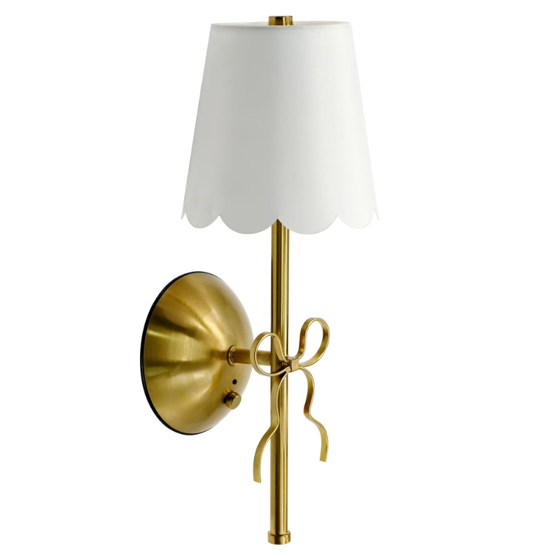 Rechargeable 13 Inch Brass & White Cordless Wall Lamp with Scallop Fabric Shade