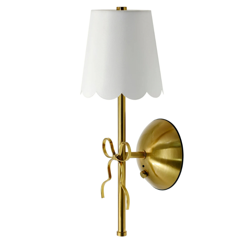 Rechargeable 13 Inch Brass & White Cordless Wall Lamp with Scallop Fabric Shade
