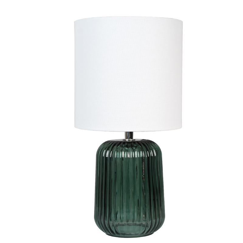 Elegant 12.75 Inch Mini Green Glass Stripe Table Lamp with White Shade