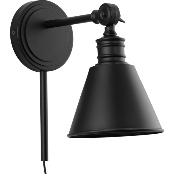 Dimmable 10.75 Inch Black Plug In Wall Lamp with Adjustable Metal Shade